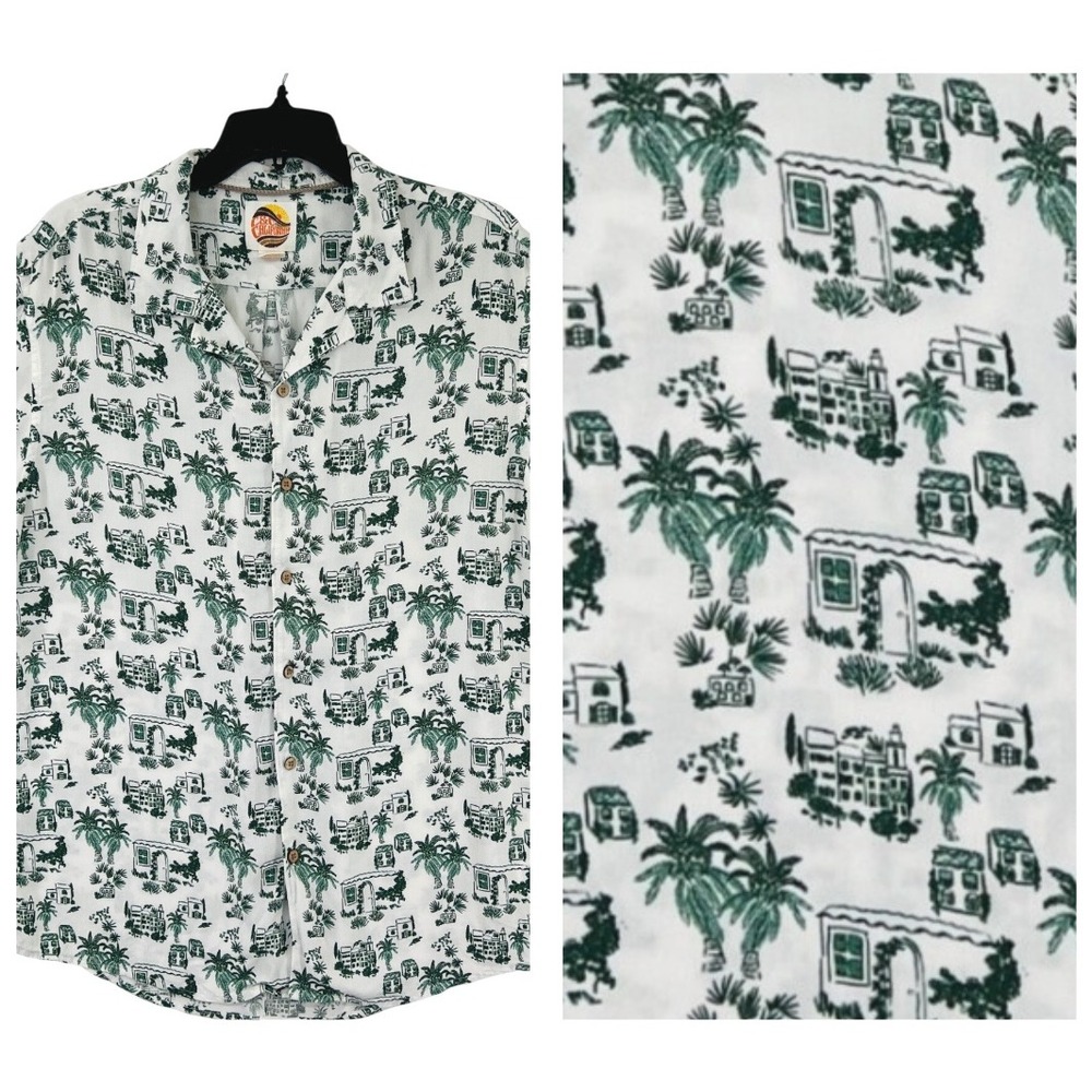 C&C California Tropical Resort Camp Shirt Palm Tree Print Rayon Button Front L